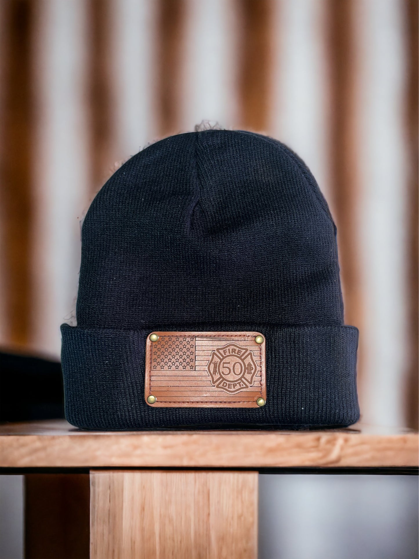 Beanie with leather patch